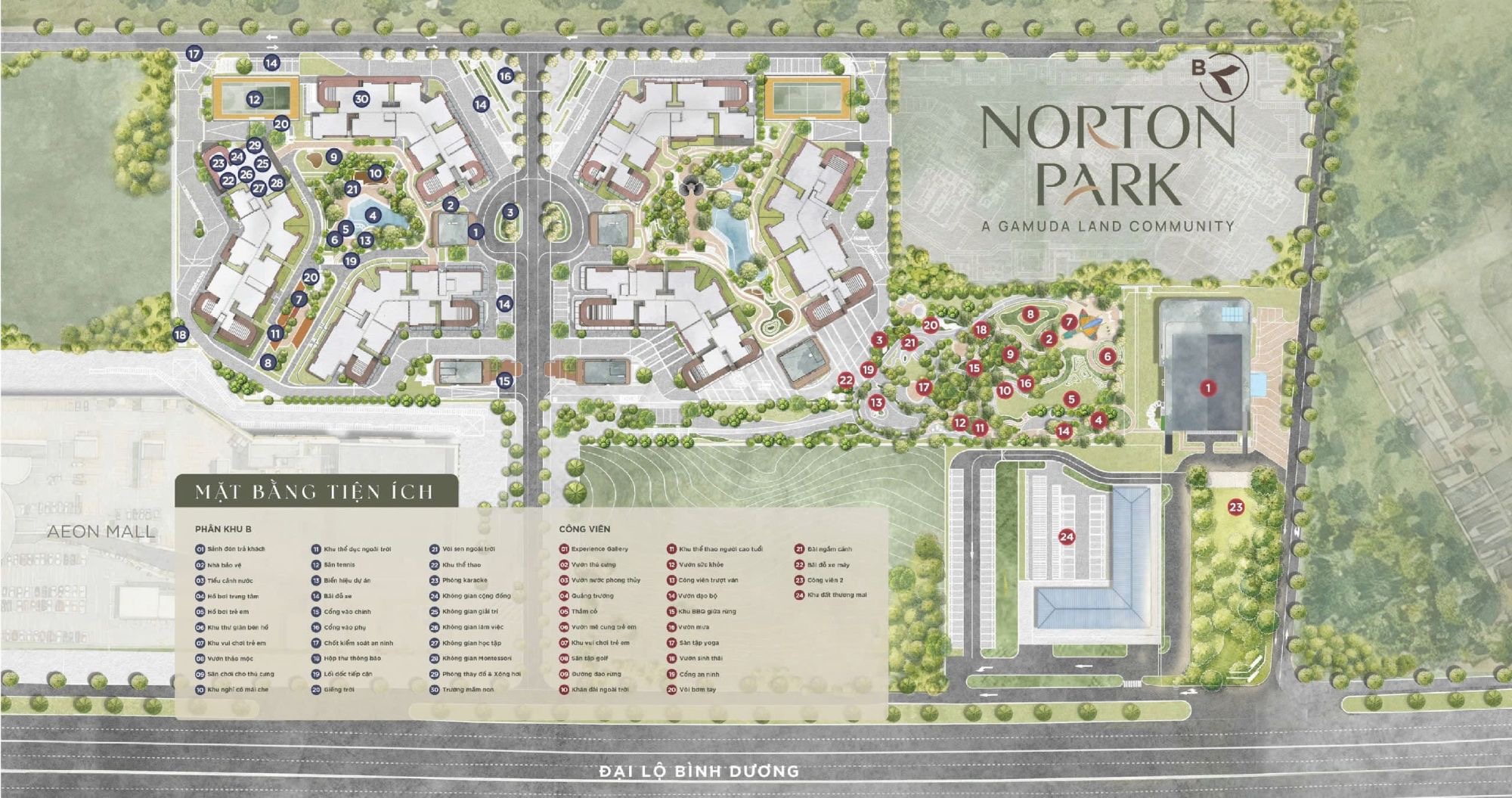 Mặt bằng tiện ích Norton Park: phân khu B và công viên