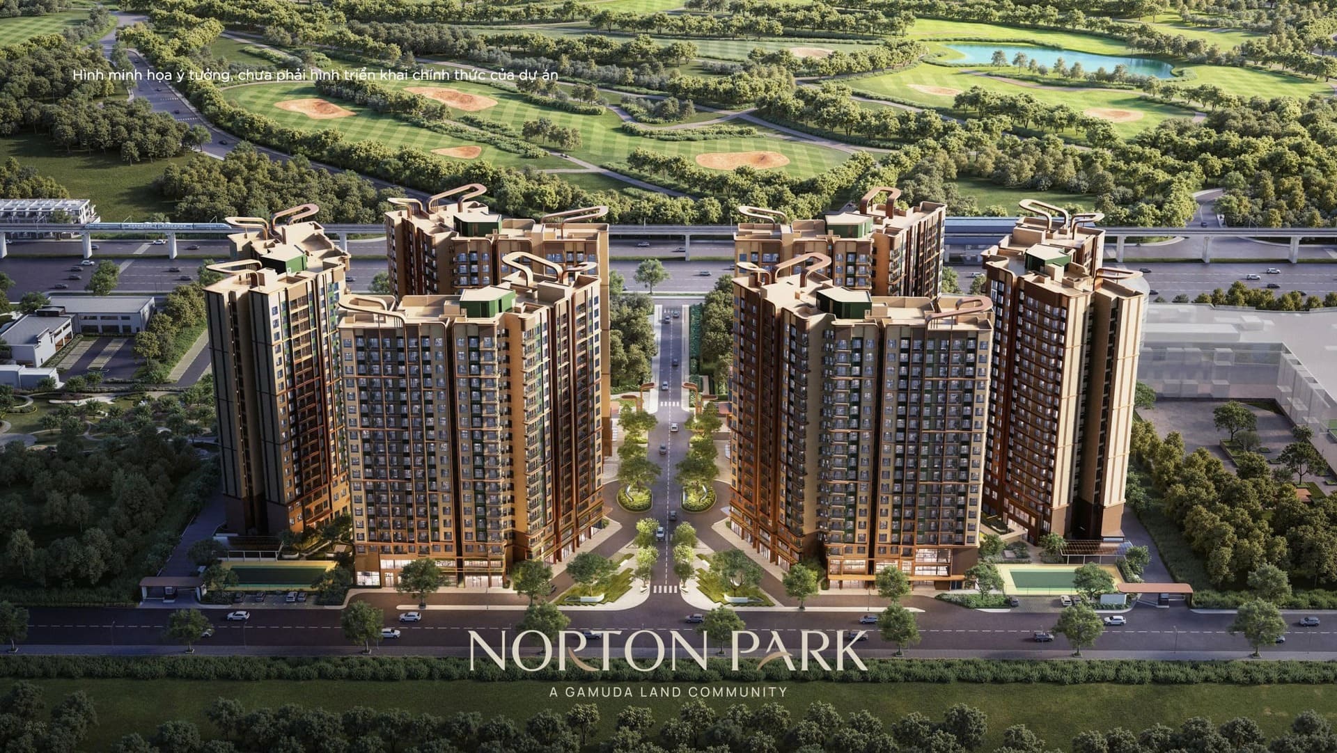 Phối cảnh trên cao Norton Park: 6 tòa tháp, trục đường nội khu, tuyến metro và sân golf Sông Bé