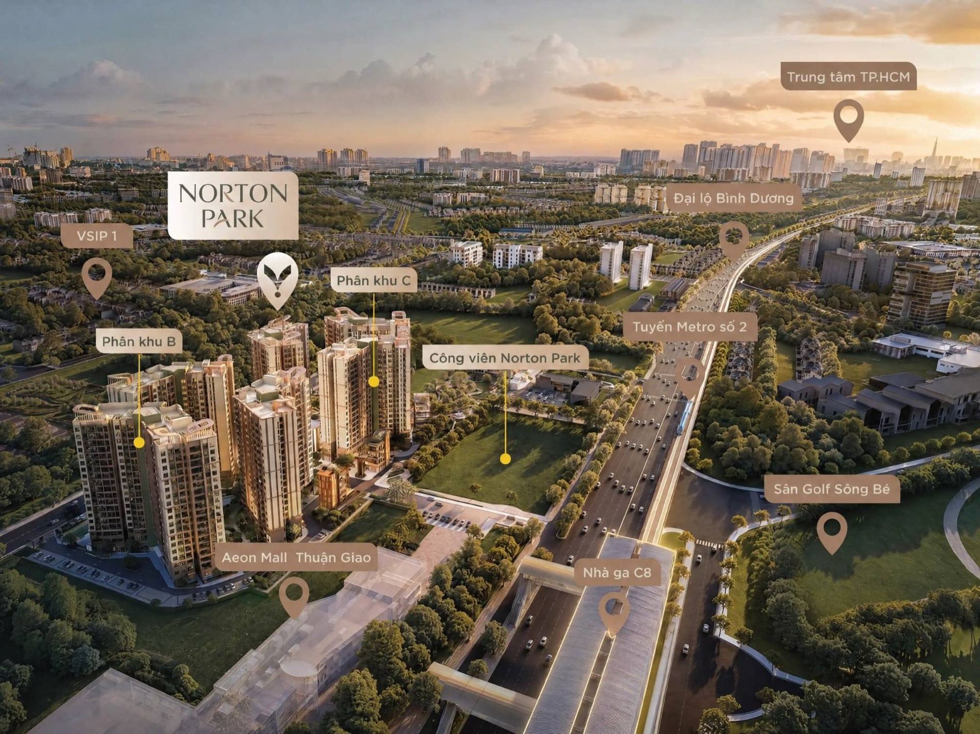 Phối cảnh vị trí Norton Park: VSIP 1, AEON Mall Thuận Giao, Metro số 2, sân golf Sông Bé